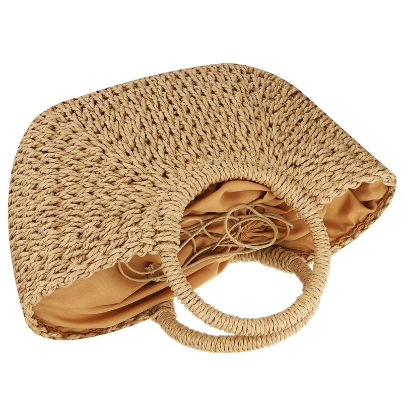 EROUGE Natural Chic Straw Bag Hand Woven Round Handle Handbags Retro Summer Beach Bag (Coyote brown) - Image 3